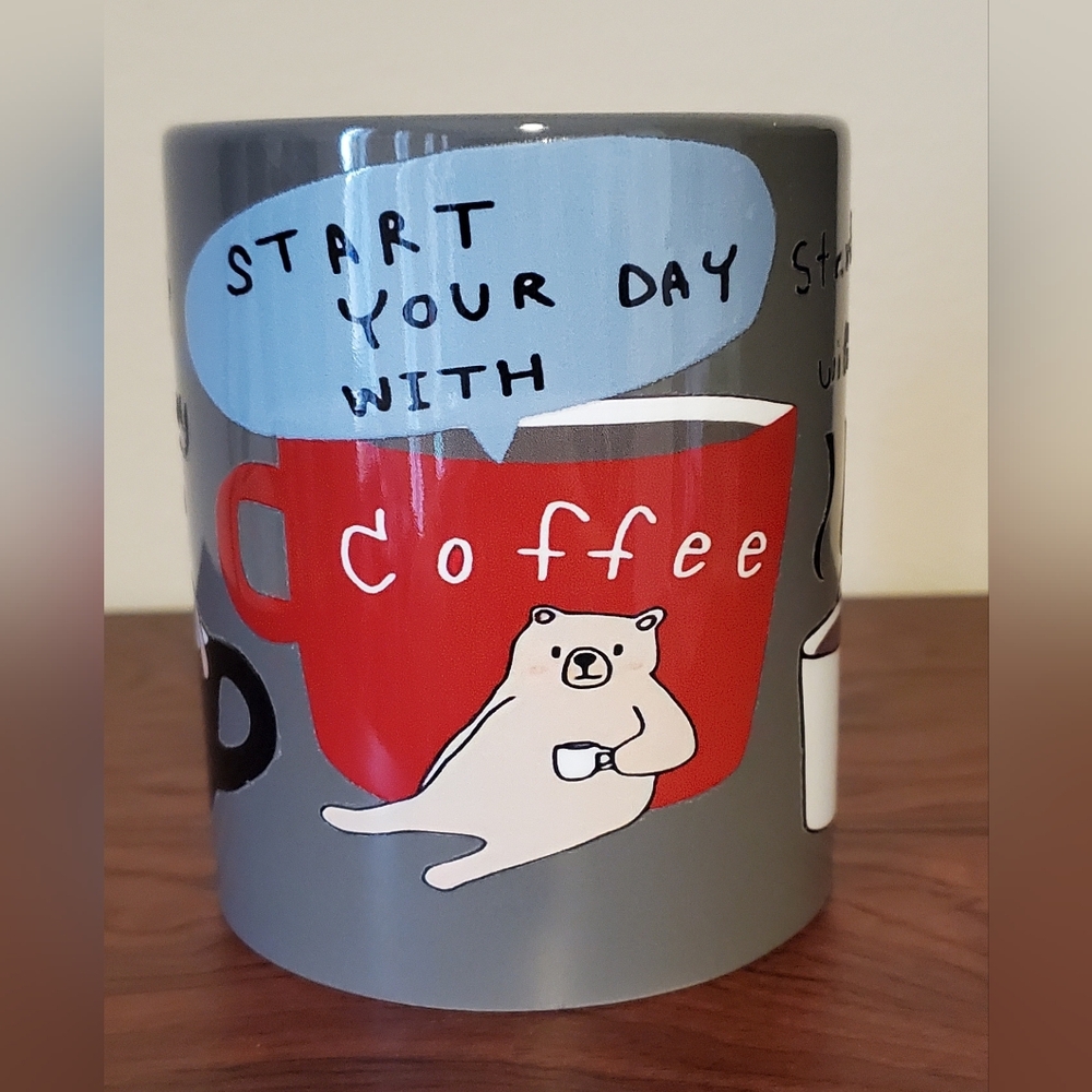 🪻3/$25 charming bear cup 'Start Your Day with Coffee' grey Mug Base 11.5 oz